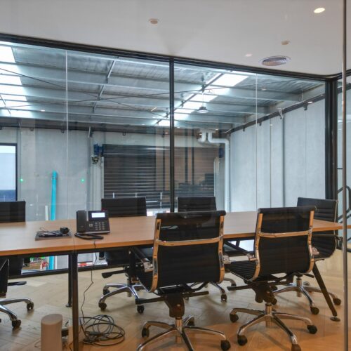 View of a completed structural mezzanine floor highlighting space-saving office solutions.